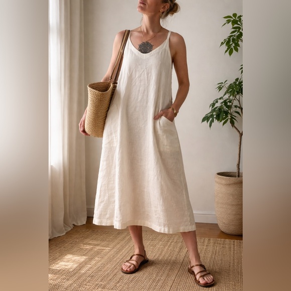 Artemesia 100% Linen Midi Dress S Cream Minimalist Slip Pockets Made in USA  is available for purchase on au PAY Market - Imported Goods Online Store  Co.Ltd. | au PAY Market -